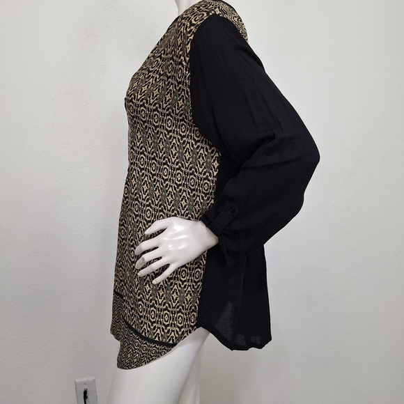 Urban Mangoz Black Tan Geometric Print 3/4 Sleeve Boho Retro Tunic Top Size L - Picture 8 of 12